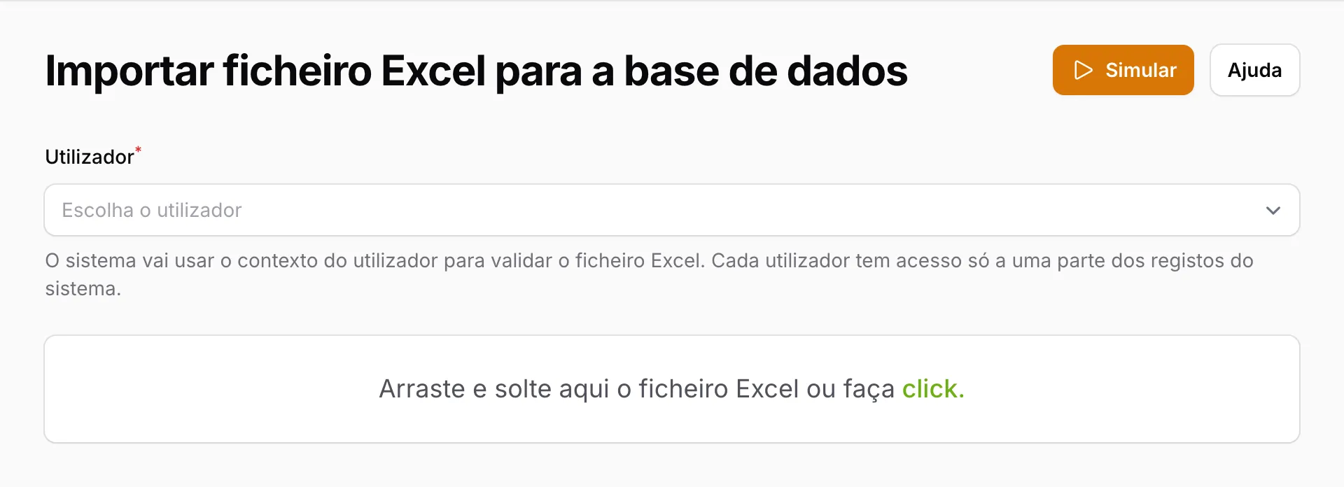 Página Importar ficheiro Excel: escolher o utilizador e arrastar o ficheiro .xlsx.