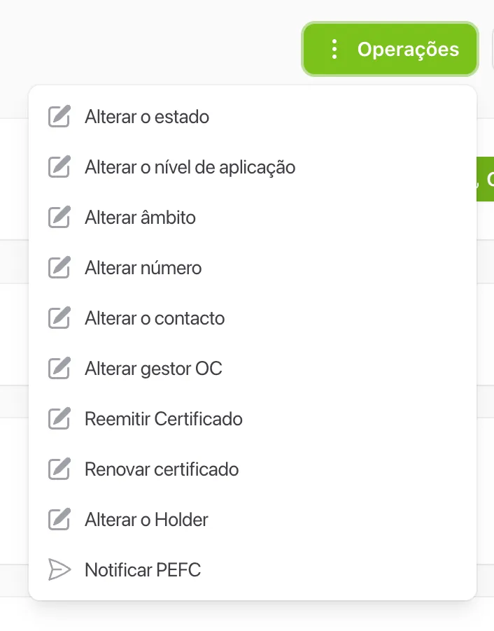 A acção «Notificar PEFC» no menu Operações da página do certificado.